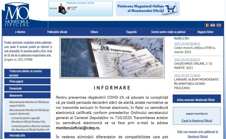 Monitorul Oficial a devenit, de astăzi, disponibil gratuit în format PDF